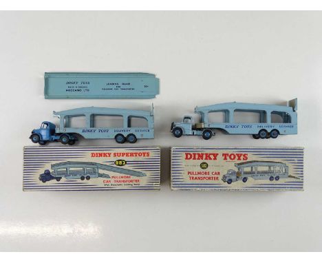 A pair of Pullmore Car Transporters comprising an early 582 in pale blue with fawn decks and a later 982 in dark blue/light b
