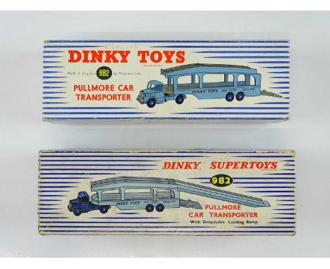 A pair of Pullmore Car Transporters comprising an early 982 in dark blue/light blue with fawn decks and a later 982 in dark b