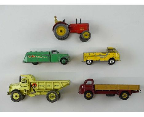 A small group of playworn CORGI and DINKY lorries / tractor - F unboxed (5)