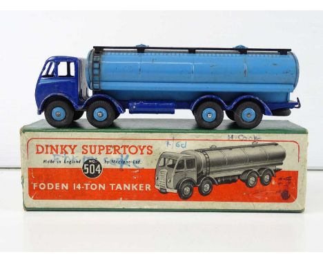 A DINKY Supertoys No 504 Foden 14-Ton Tanker, 1st style cab, dark blue cab/chassis and light blue tank/hubs/flash - F in F/G 