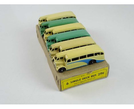 A DINKY 29E single deck bus trade box complete with six examples of the model - 4 in cream/blue, 2 in light/dark green  - F/G