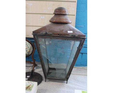 A large copper cased & glazed Victorian gas lamp head.(one glass panel needs replacing).72cm x 43cm Collection only 