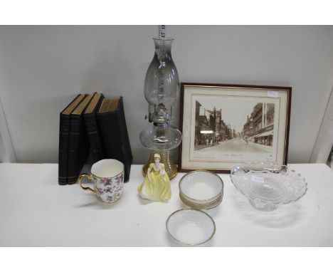 A good box of misc items including a oil lamp 