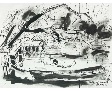 Sven BERLIN (1911-1999) River at Vouvray (1960)  Ink on paper, monogrammed, inscribed and dated '60, 29 x 38cm. 46 x 56cm fra