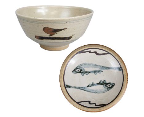 Svend BAYER (1946) Fish Dish  StonewareStamped to the base25cm in diameter Together with a Leach Pottery studio pottery bowl,