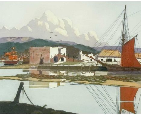 Geoffrey Sneyd GARNIER (1889-1970) Gweek Etching in colours, signed, numbered 99/100, plate size 28 x 32.5cm. 49.5 x 55.5cm f