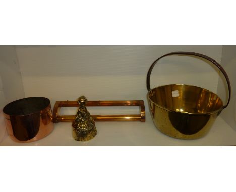 Brass pancion, brass towel rail, small copper planter and a brass lady bell  