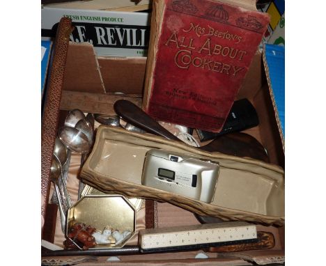 Mrs Beetons 'All About Cookery' book, Olympus MJU-II compact camera, stoneware planter, cutlery etc