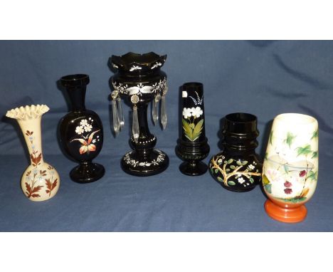 Late Victorian over painted glass lustre and three similar vases and two opaque glass vases with hand-painted enamel decorati
