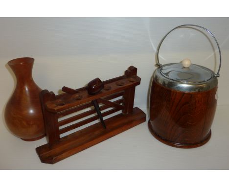 Pipe rack and briar pipe, wooden treen vase & 1930s oak biscuit barrel