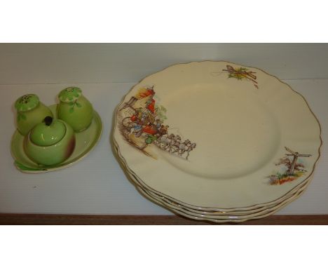 Four J & G Meakin series ware style plates and a three piece apple condiment 