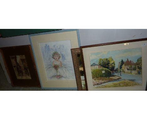 Framed watercolour depicting cow herd, a framed watercolour depicting a young ballerina, a gilt framed mirror with decorative