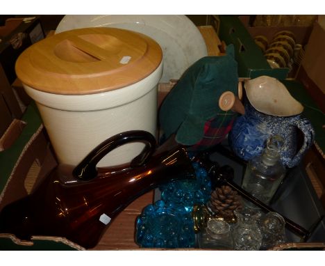 Ceramic bread bin, glass vases, owl door stop etc