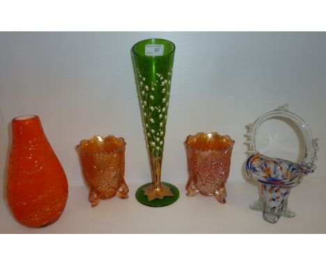 Assorted glassware including a pair of carnival glass beakers, a green glass flower vase with hand painted enamel and gilt de