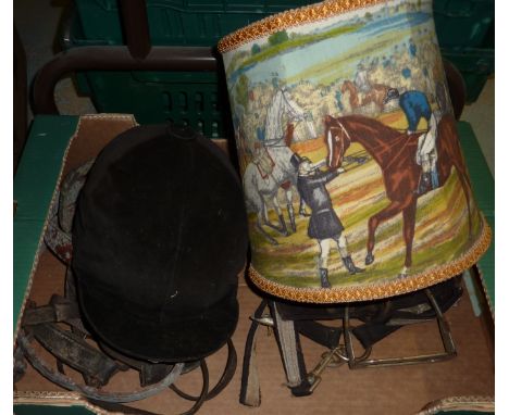 Champion professional riding helmet, reins, race horse lamp shade etc 