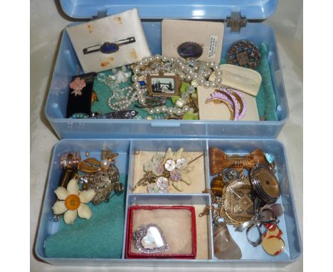 Selection of costume jewellery including beads, butterfly wing brooch, enamel ATS brooch etc