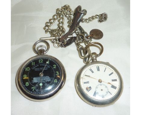 Railway time keeper pocket watch, white metal pocket watch with white enamel dial on white metal chain 