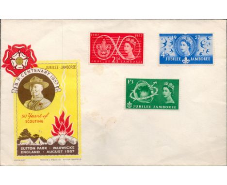 Special pre-printed GB cover re BP Centenary 1957. Mint stamps on front. Wax seal on reverse with scout emblem within it. Goo