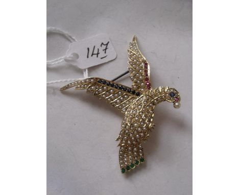 AN UNUSUAL 15CT RUBY, SAPPHIRE, PEARL BIRD BROOCH 7CM LONG 10.3g    