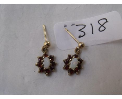 Pair gold opal & garnet earrings     