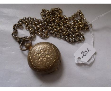 Antique gilt metal sovereign case on long metal chain  