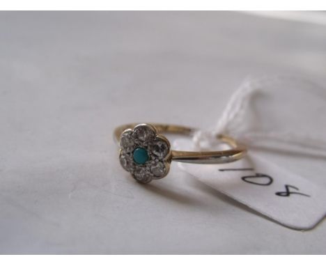 Turquoise & diamond daisy head 18ct gold ring approx size 'L'         