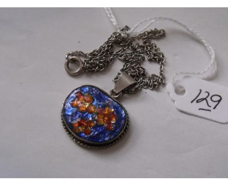 A blue & orange enamel pendant on chain    