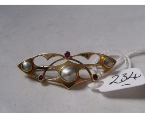 ART NOUVEAU 15CT GOLD RUBY AND blister pearl brooch 4.5cm wide 6.6g inc    