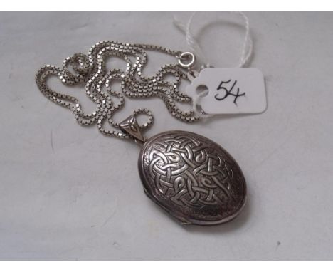 Scroll engraved silver locket on 24" silver box chain   