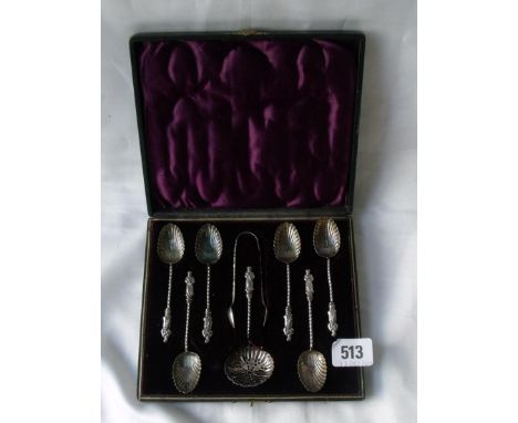 A boxed set six and sifter ladle Birm 1895 by M Bros apostle tea spoons tongs 25g     