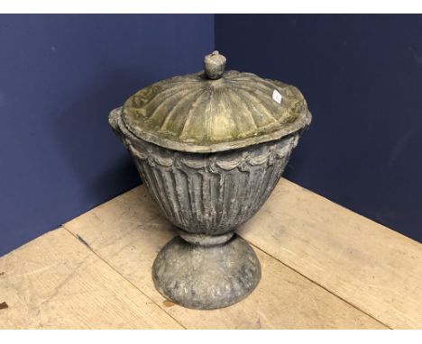 Lead pedestal urn with lid and finial to top, 32D x 45H cm 