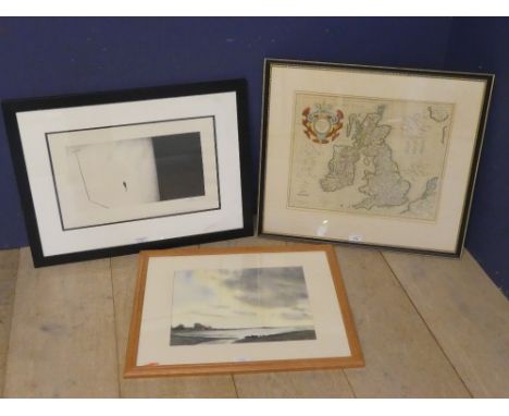 3 Pictures to include map of UK, watercolour of water side landscape &amp; modern conceptual print signed lower right 