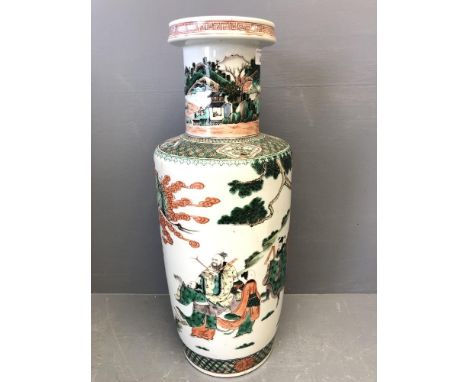 C19th Chinese famille verte baluster vase. Drilled for lamp base, chip 0.5 x 0.2 x 0.2 cm on rim47cm h 