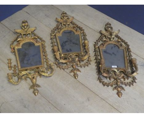 Set of 3 Rococco style wall mirrors, heavily carved acanthus leaf, serpent finial &amp; pair of 8 candle sconses to teach bas