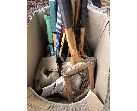 Quantity of vintage sportng items, including tennis racquets, ice skating boots, lax stick etc