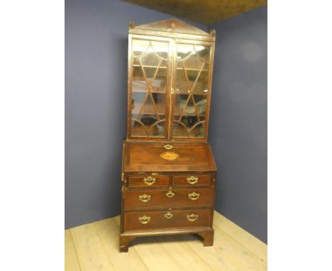 Mahogany &amp; inlaid bureau bookcase with astragal glazed doors &amp; finial with shell inlay 223H cm 