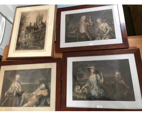 3 C18th prints in maple frames and a print of Magdalen College Oxford
