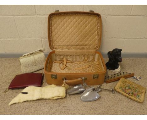 Vintage suitcase containing leather handbags, "Fiorenza", "Bruno Magli Bologna Italy", Shoehorns marked Poulsen Skone &amp; C