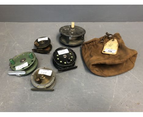 Vintage salmon reel in suede bag, 2 vintage fly reels &amp; 2 other reels 