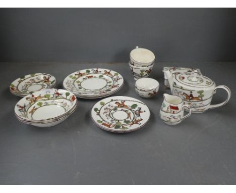 Quantity of Staffordshire "Hunting Scene" Butter dish, teapot, bowls, plates etc 