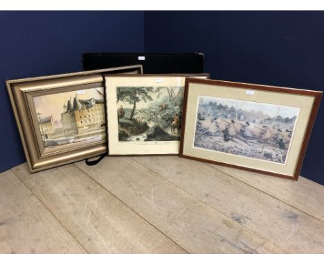 2 Folios of C19th prints &amp; illustrations, 2 framed hunting prints &amp; 1970 watercolour canal scene Bow London signed A 