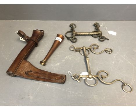 Wooden hunting horn in a leather case, small curved brass hunting horn &amp; 5 horse bits 