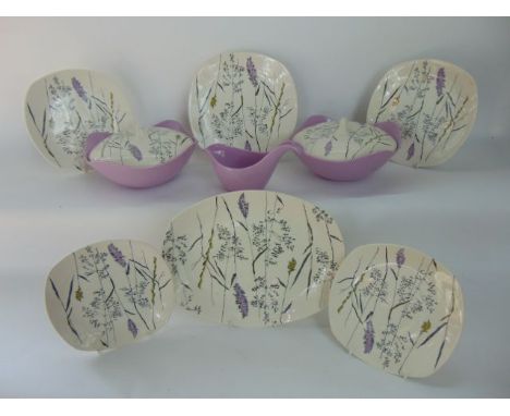 A collection of Midwinter Stylecraft Whispering Grass pattern dinner wares in a lilac colourway comprising a pair of tureens 