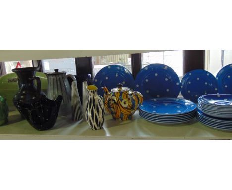 Collection of T G Green & Co Blue Domino pattern dinner and tea wares comprising 8 dinner sized plates, 9 dessert plates, 7 s