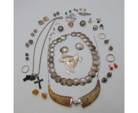 A sterling silver necklace, composed of domed circular textured links; a pair of sterling silver clip on earrings, of domed o