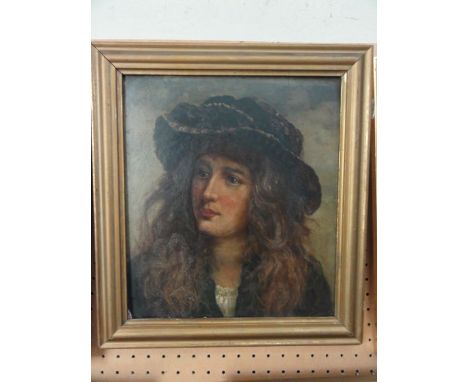 A 19th century oil painting on board by Henry Jamyn Brooks, shoulder length portrait of a young girl with flowing hair wearin