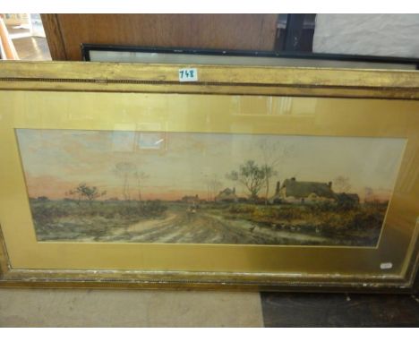 A 19th century panoramic view of a country landscape at sunset with woman and child walking along a lane, ducks in a pond, th