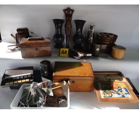 A box of miscellaneous including a small 19th century walnut veneered sarcophagus shaped tea caddy with hinged lid, a good qu