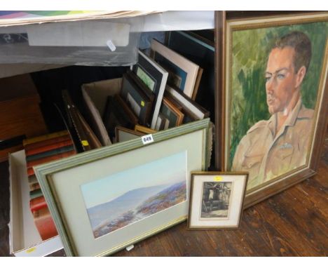 A collection of pictures and prints including a gouache of a moorland landscape signed bottom left James Townshend RBA, 21cm 