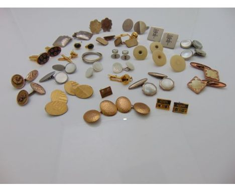 A pair of 9ct rose gold cufflinks, of oval textured form, 5.7g; three gem-set Xerox tie studs, in 9ct gold, 4.2g; a pair of 9